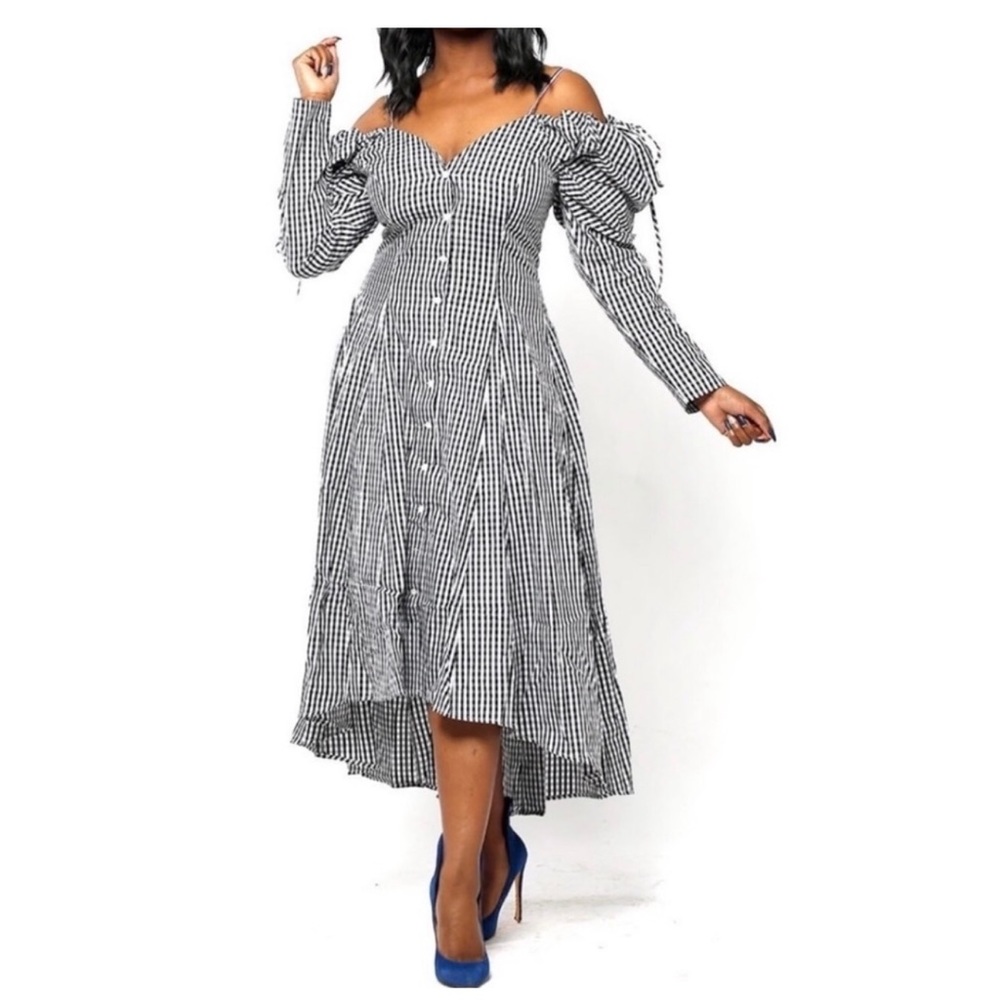 Black and White Checkered Off Shoulder Puff Sleeve High Low Dress Size Medium